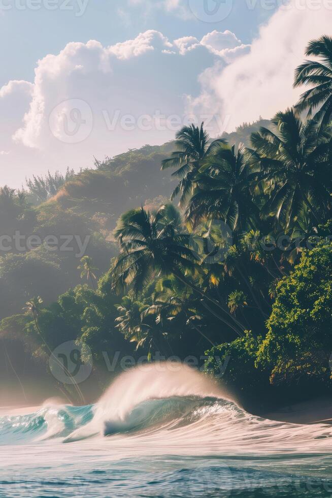Close-up image of powerful high ocean waves on the background of a tropical island with palm trees and exotic plants photo