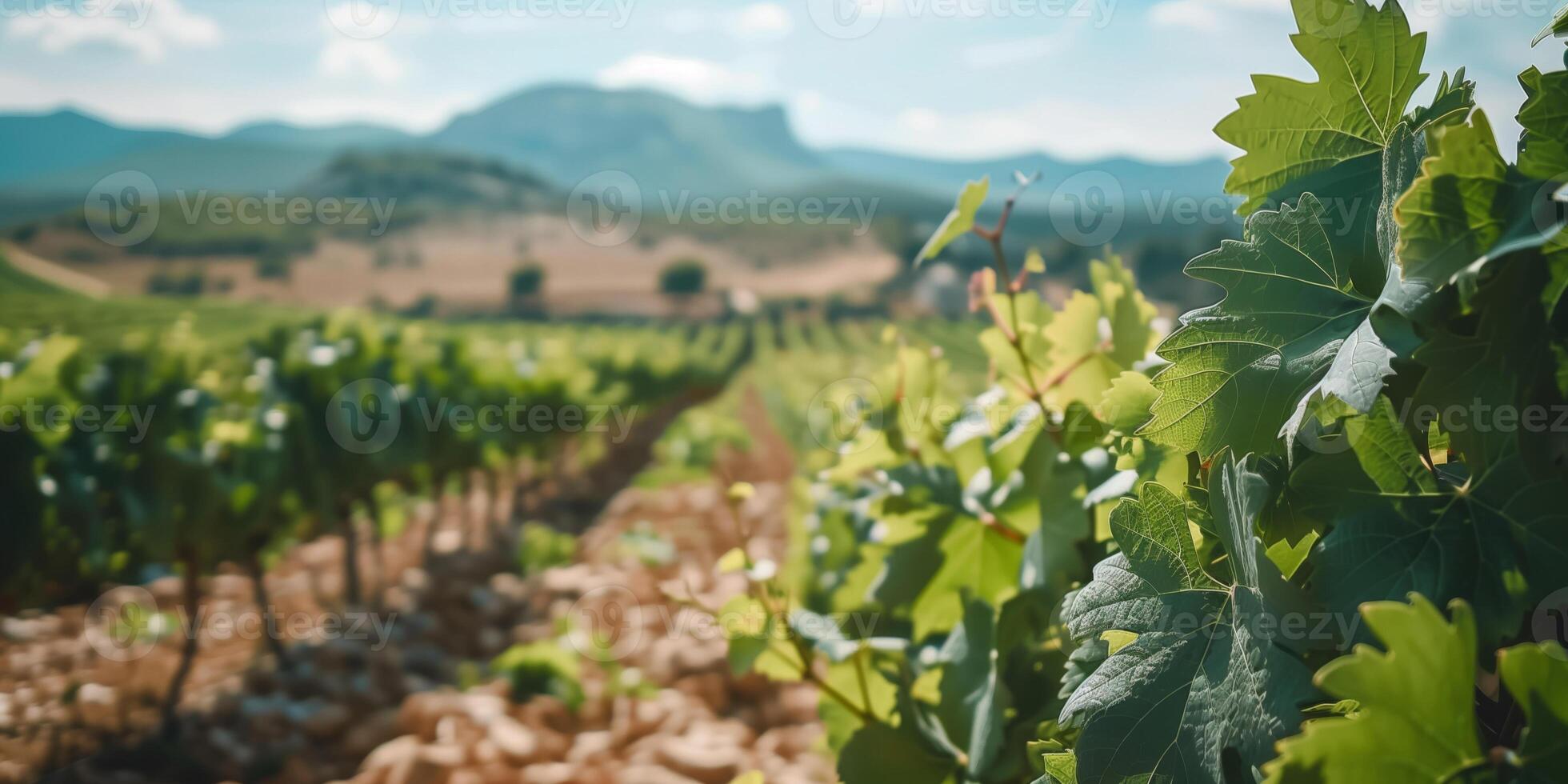 Summer landscape of a vineyard with green grape bushes and mountains on the horizon photo