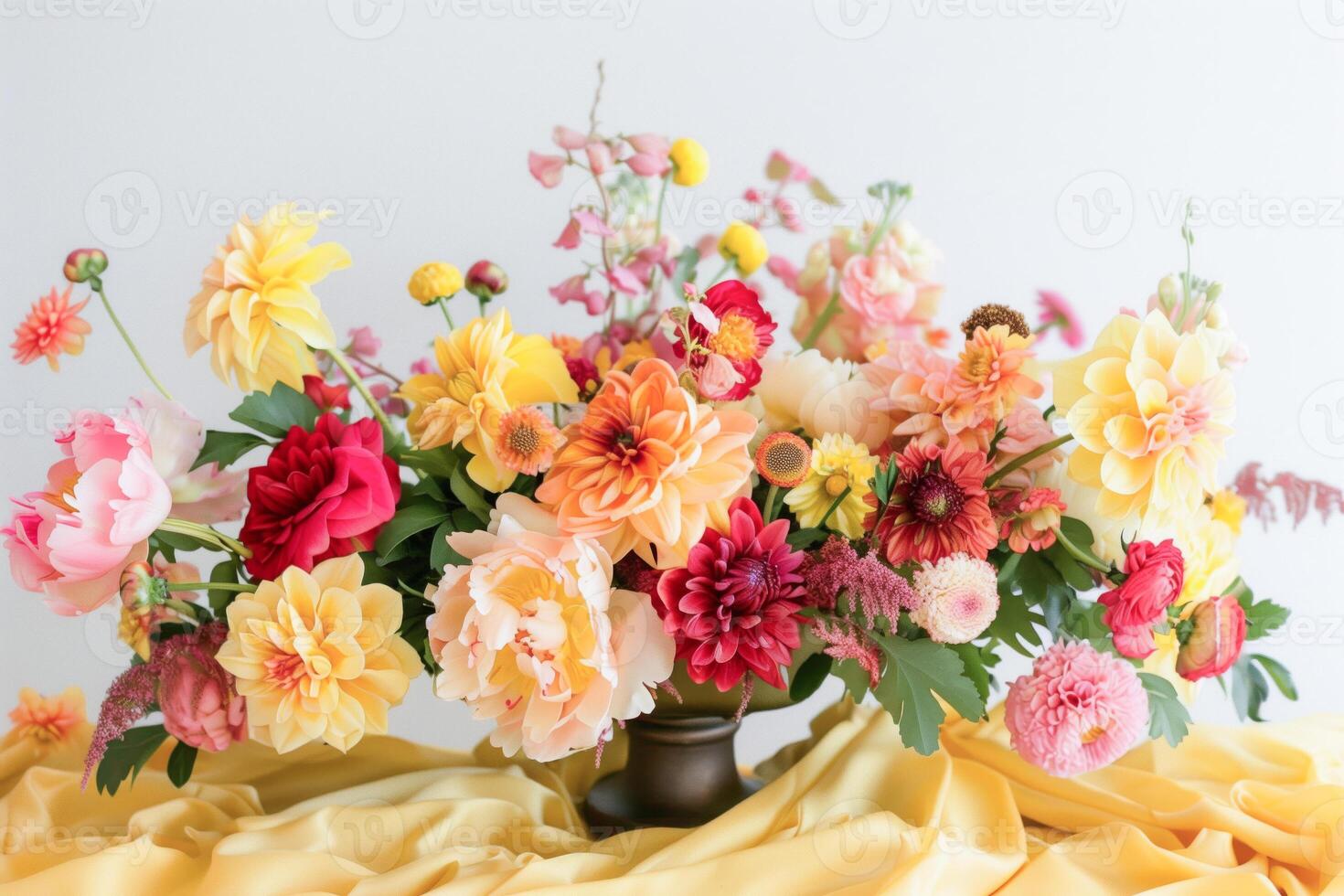 Bouquet of yellow and light orange flowers and autumn leaves in a white ceramic vase photo