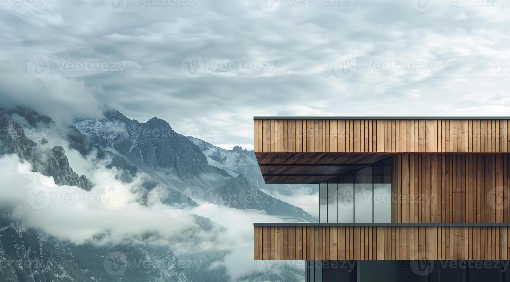 Modern style building surrounded by forest and mountains photo