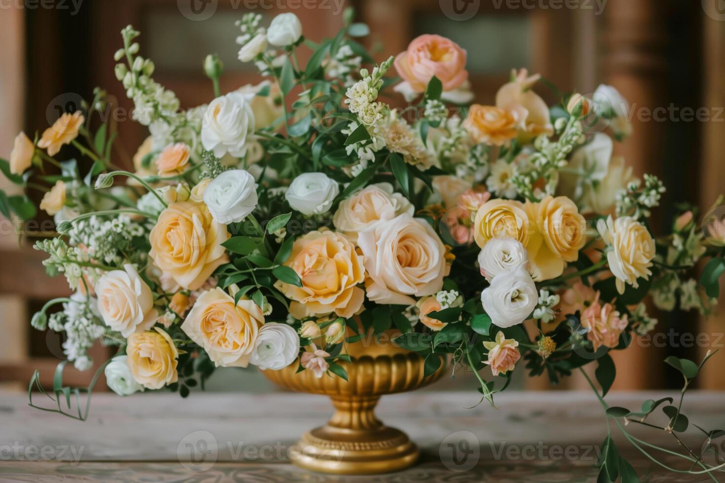 Bouquet of yellow and light orange anemones, roses and ranunculus in a vintage golden bowl vase photo