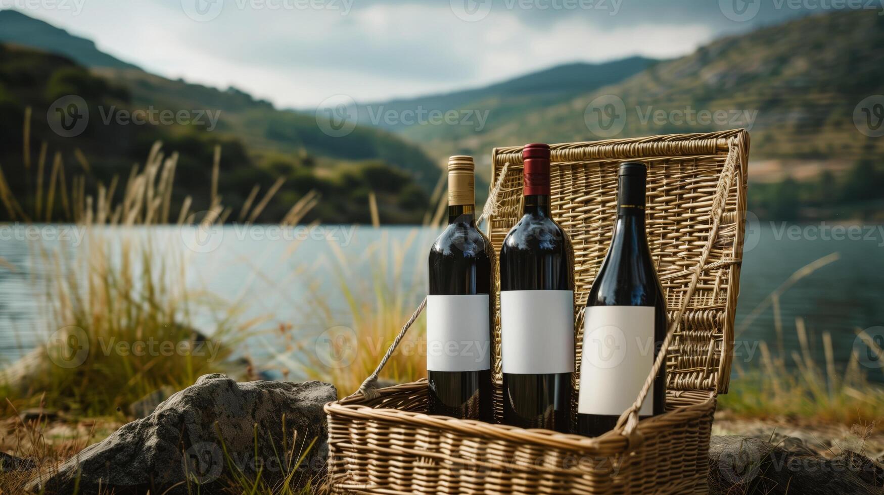 Bottles of wine with blank mock-up labels in a wicker basket for a lakeside picnic photo