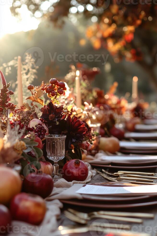 A beautifully decorated outdoor table with red flowers, pomegranates and candles photo