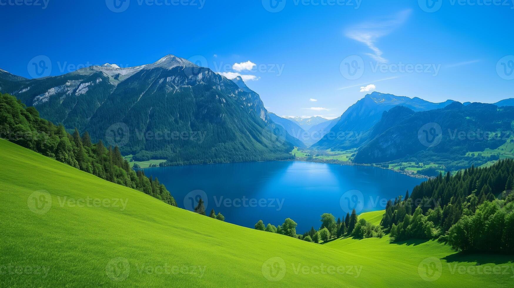 Beautiful colourful landscape of a blue lake in a green valley surrounded by mountains photo