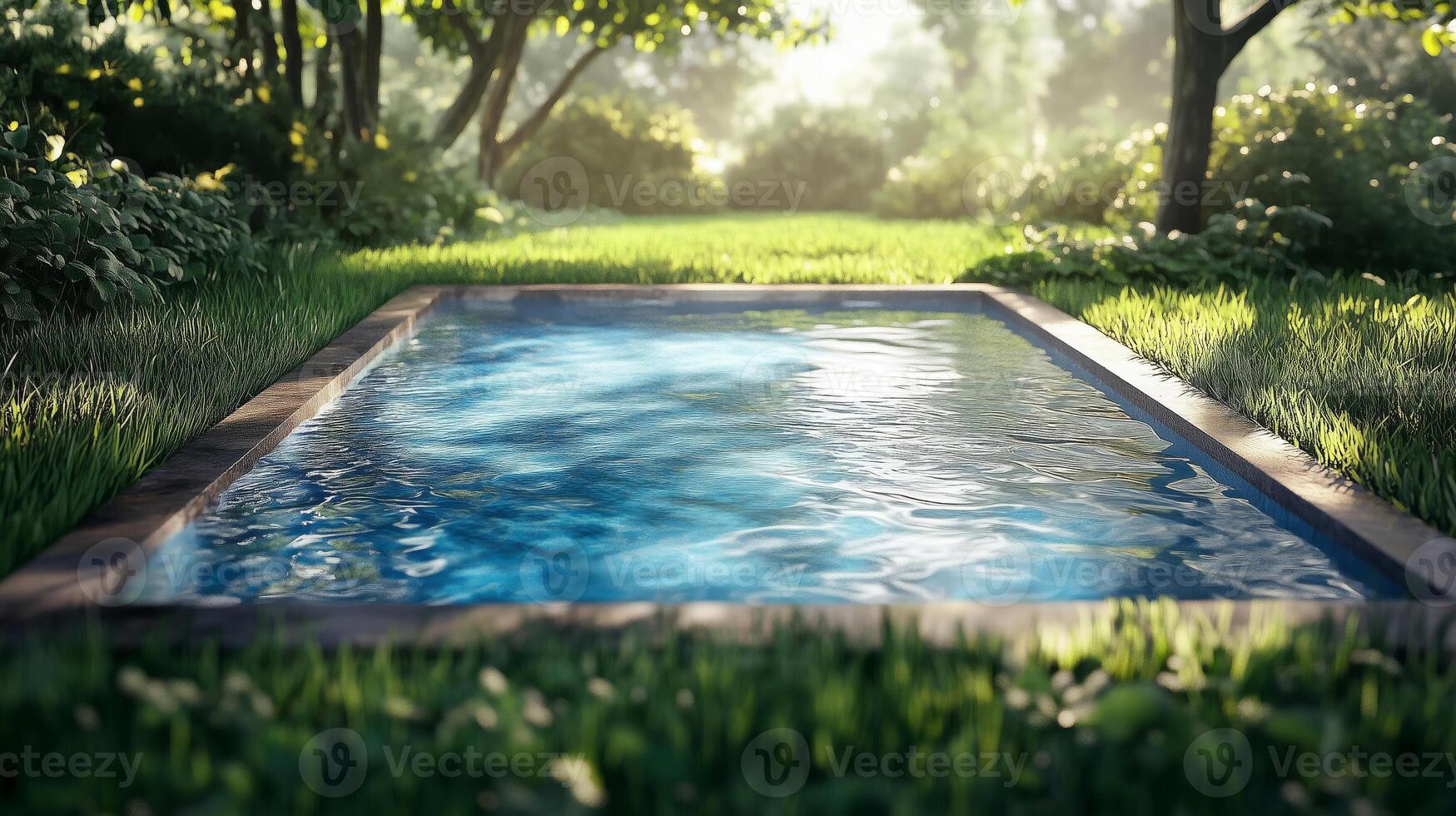 Close-up image of blue pool water surrounded by tropical plants photo