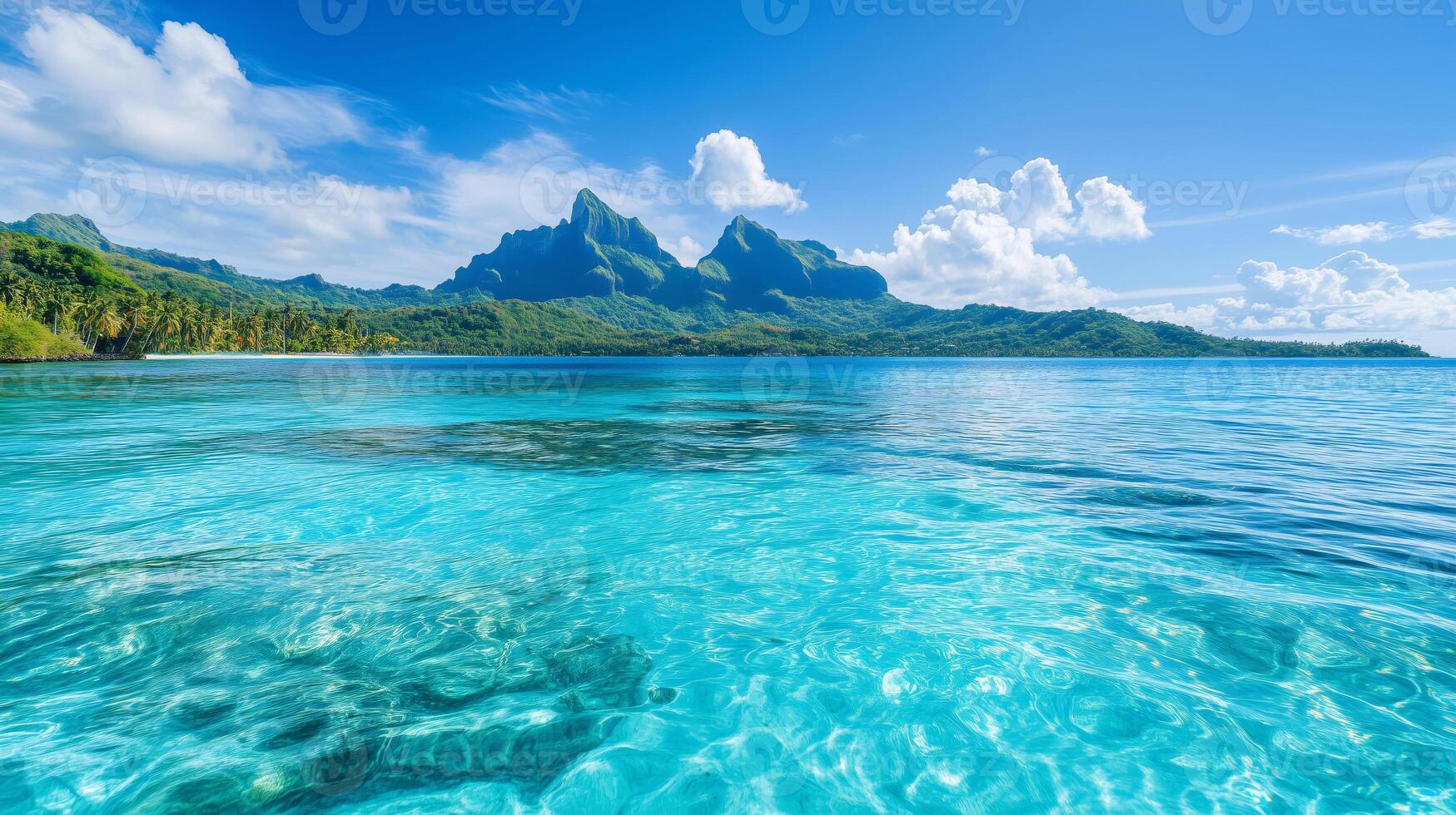 Beautiful landscape of green tropical coastline with mountains and blue ocean photo