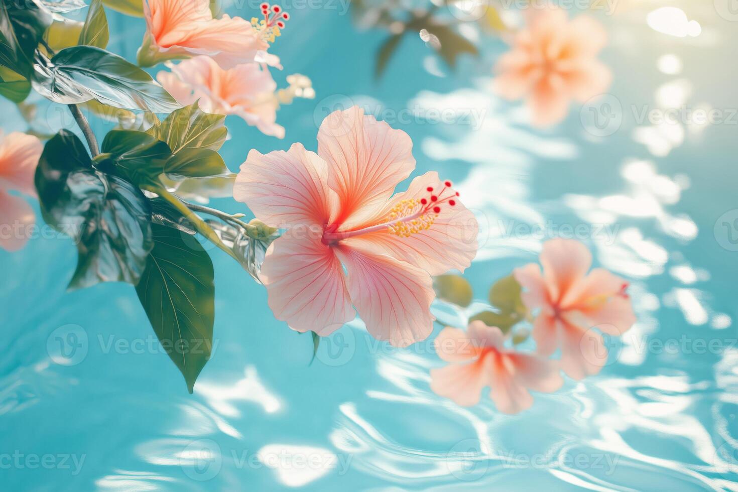 Delicate pink hibiscus flowers on the background of blue pool water photo