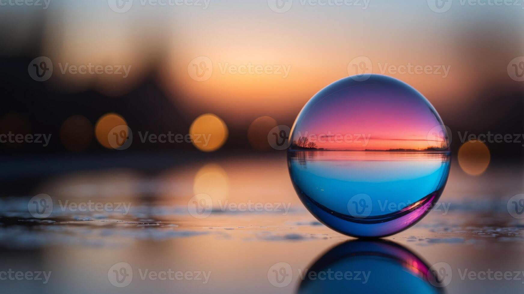 A colorful glass sphere on a reflective surface with a vibrant gradient background featuring pink and blue hues, creating a modern abstract aesthetic. photo