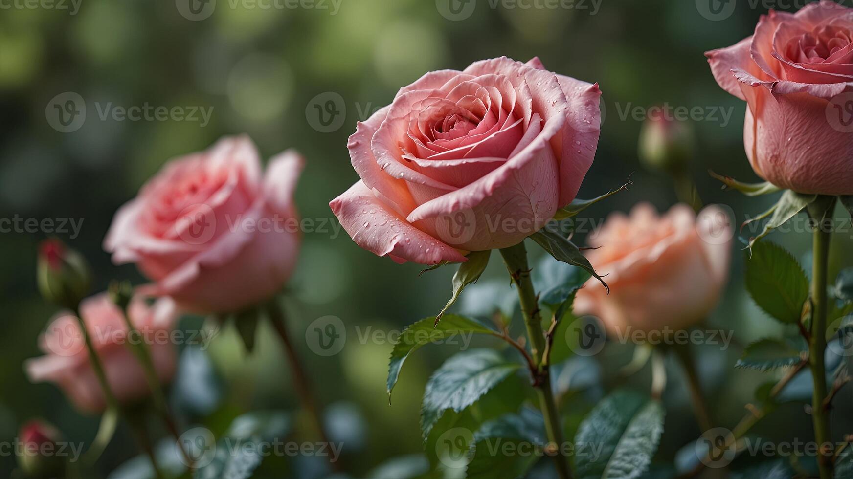 Pink roses beautifully displayed with a soft green blurred bokeh background ideal for a copy space image. photo
