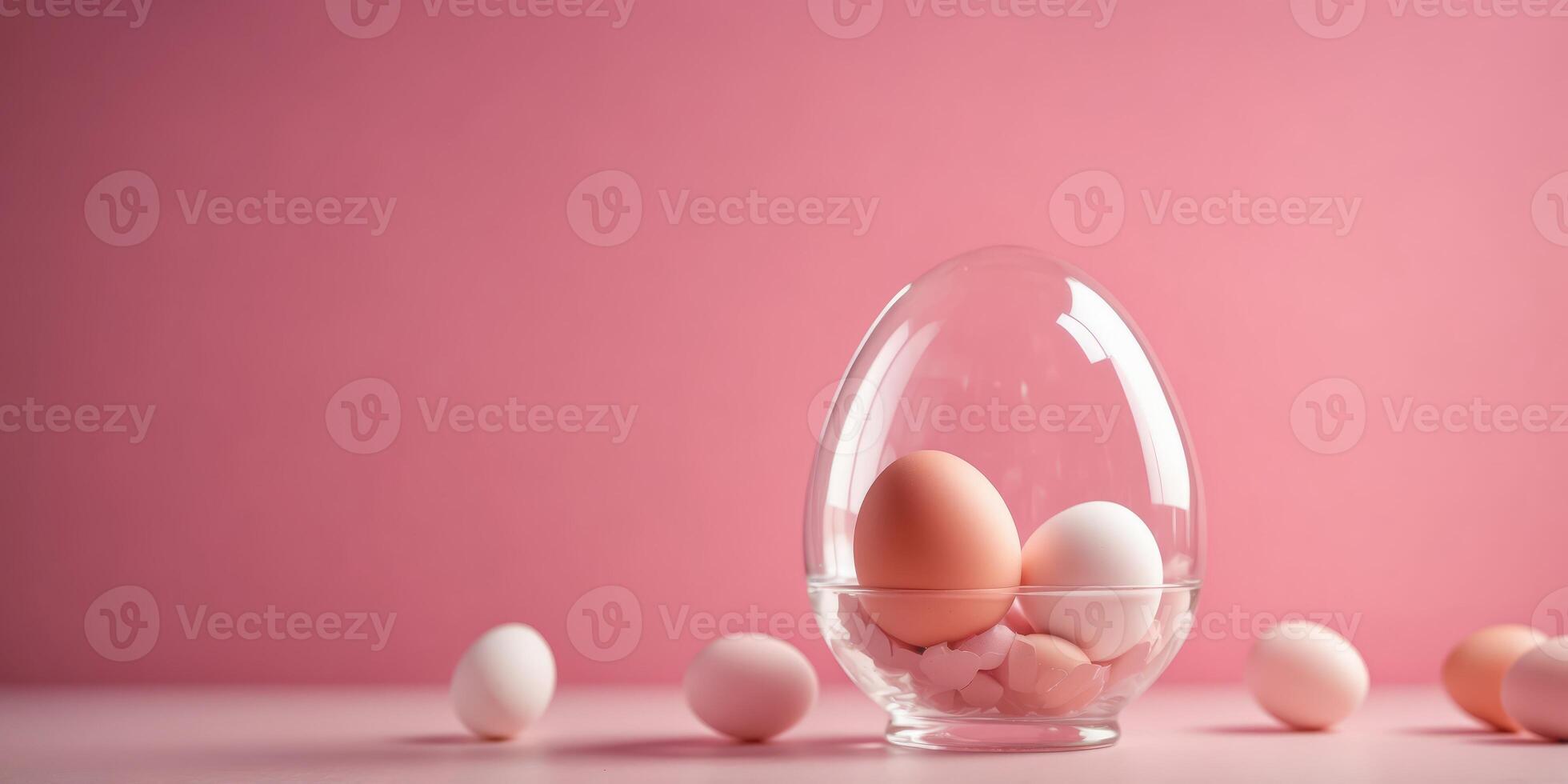 Egg under glass cover isolation on pink background Minimal Easter idea Copy space Banner. photo