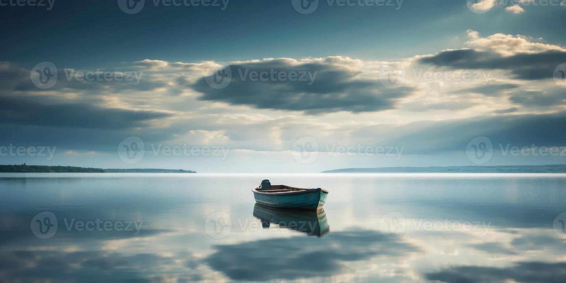 A large body of water, centrally positioned beneath a cloud-filled sky, hosts a solitary boat. photo