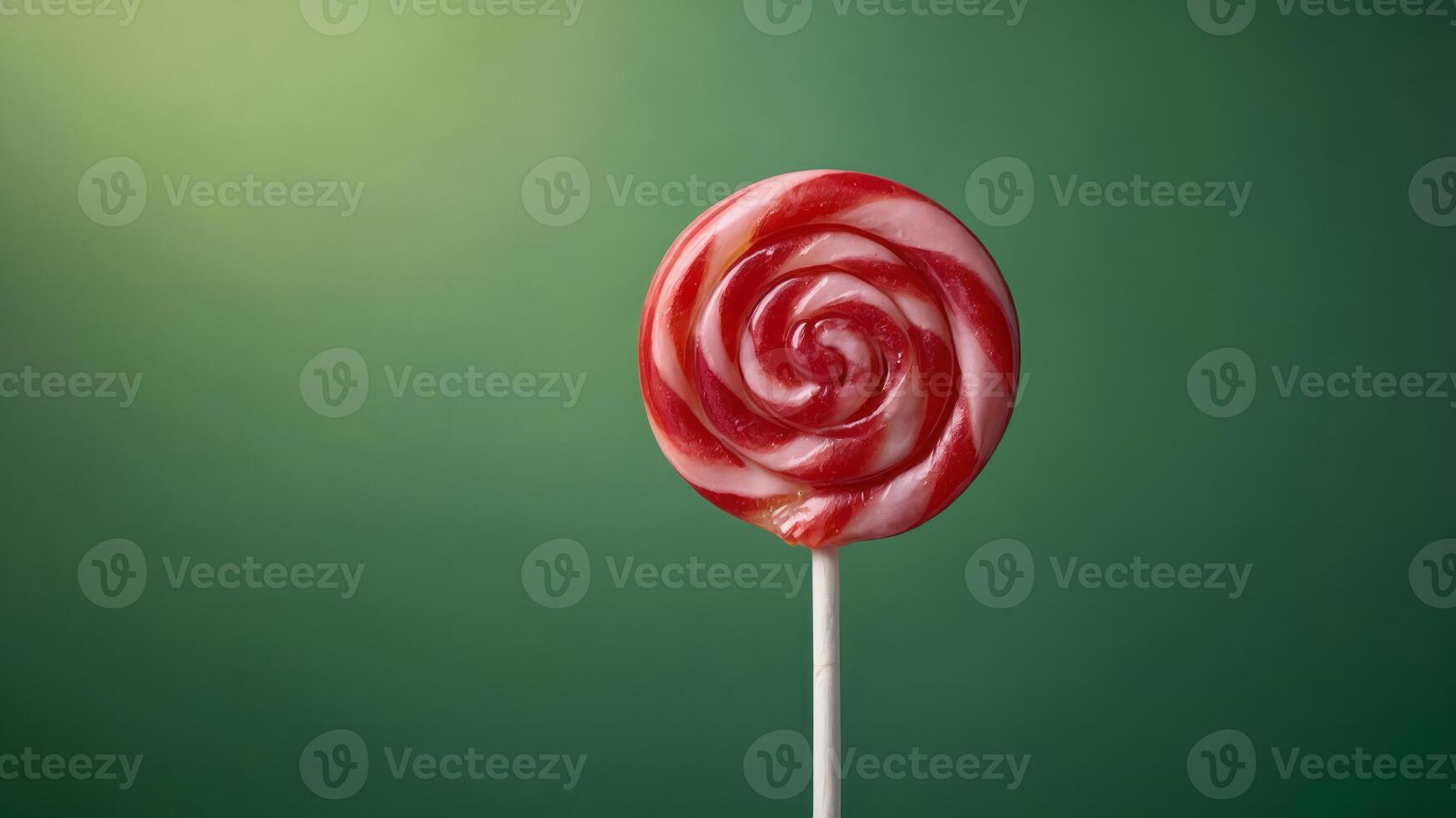 Lollipop on a stick on a green background, Colorful sweet treat lolly for kids with copy space. photo
