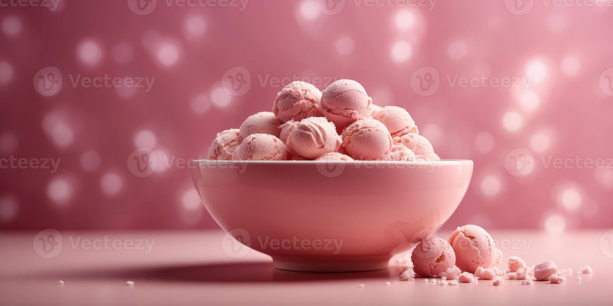 A pink surface backs a bowl, its contents a blend of pink and white ice cream Behind, a pink wall stands still. photo