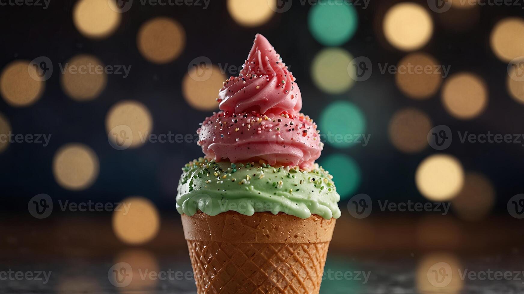 Sparkling ice cream cone with bokeh background. photo