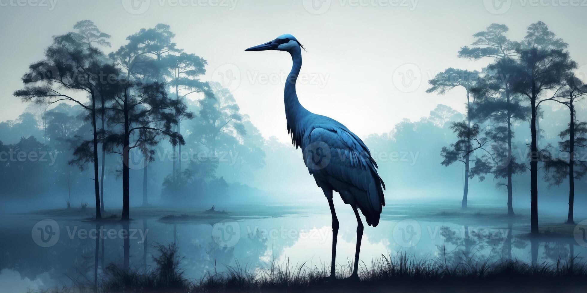Double exposure silhouette of a blue crane with forest in the background. photo