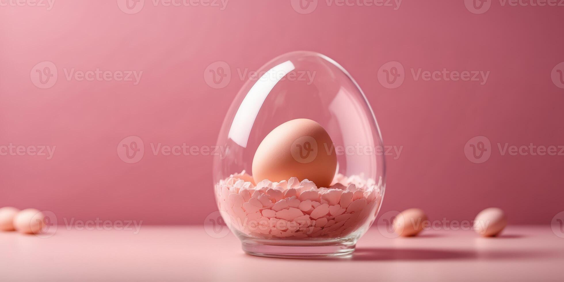 Egg under glass cover isolation on pink background Minimal Easter idea Copy space Banner. photo