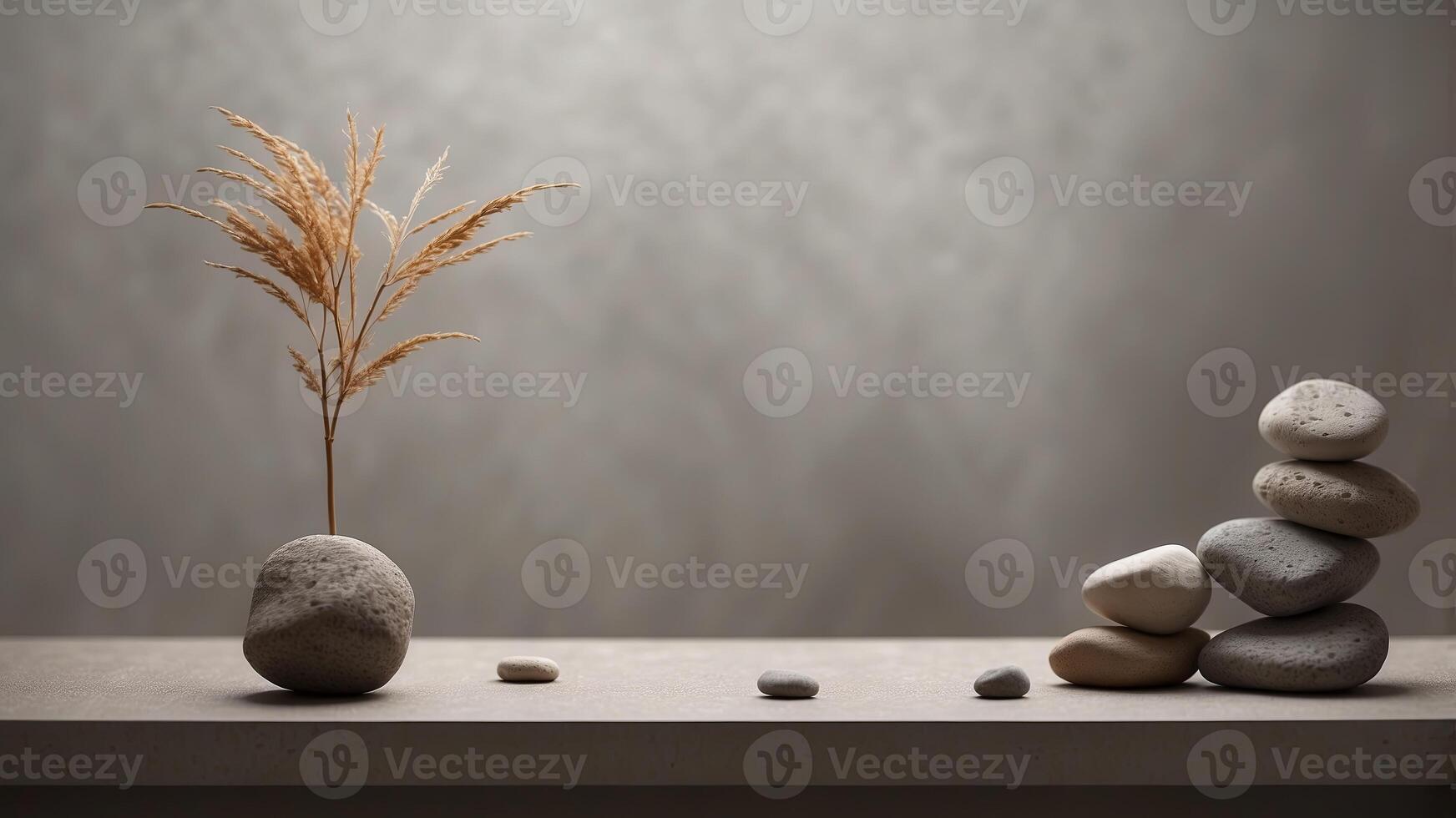Minimalist interior with wooden stick, rocks, and concrete wall. photo