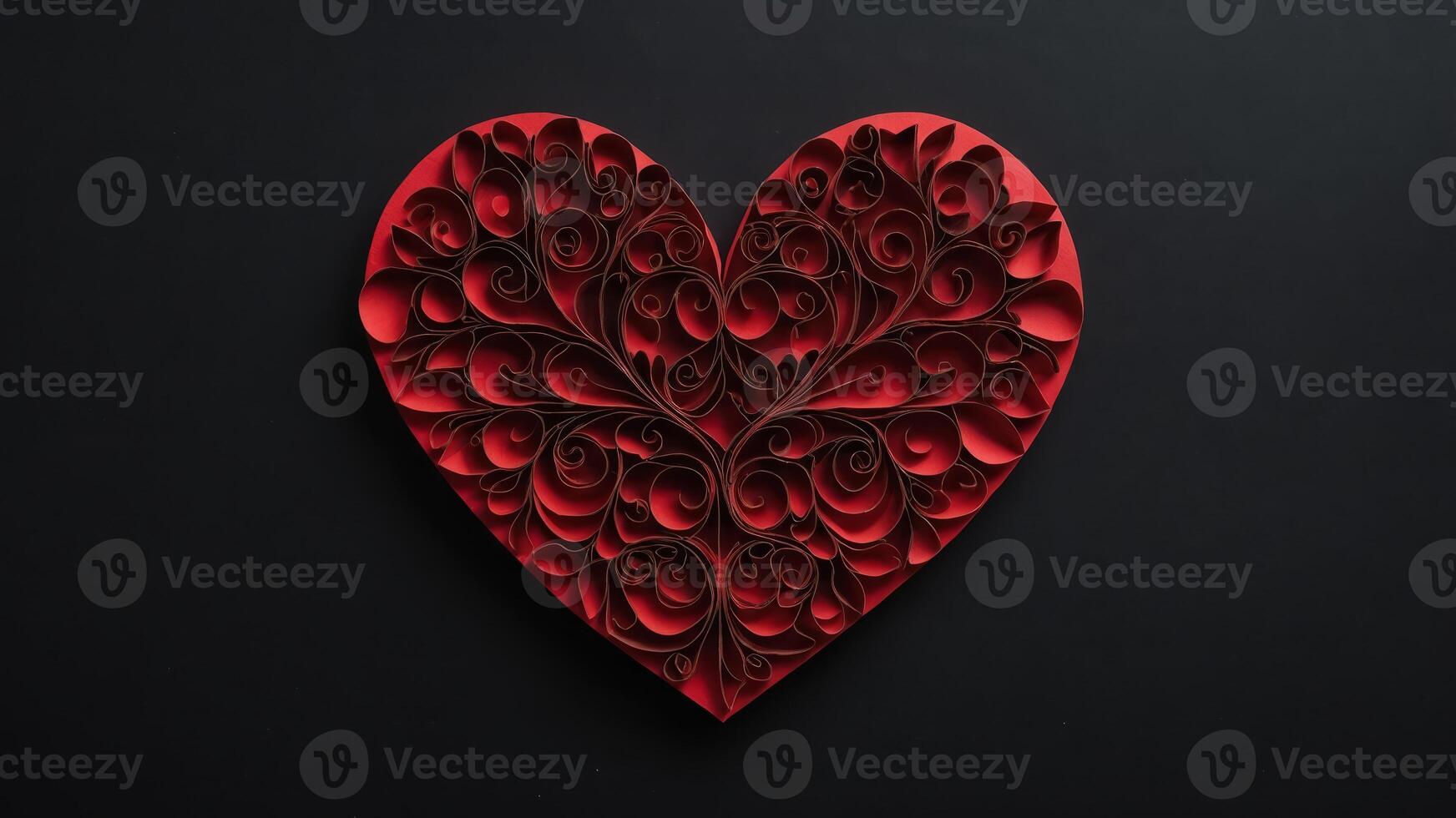 Red paper heart shape decoration on black background Love concept Flat lay. photo