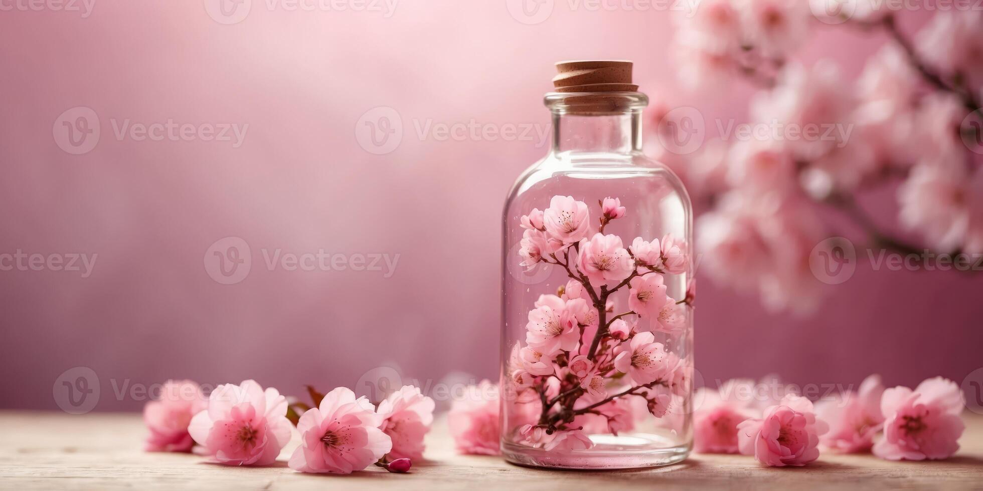 Creative spring composition made of cherry blossom in a bottle on pink background Minimal love idea. photo