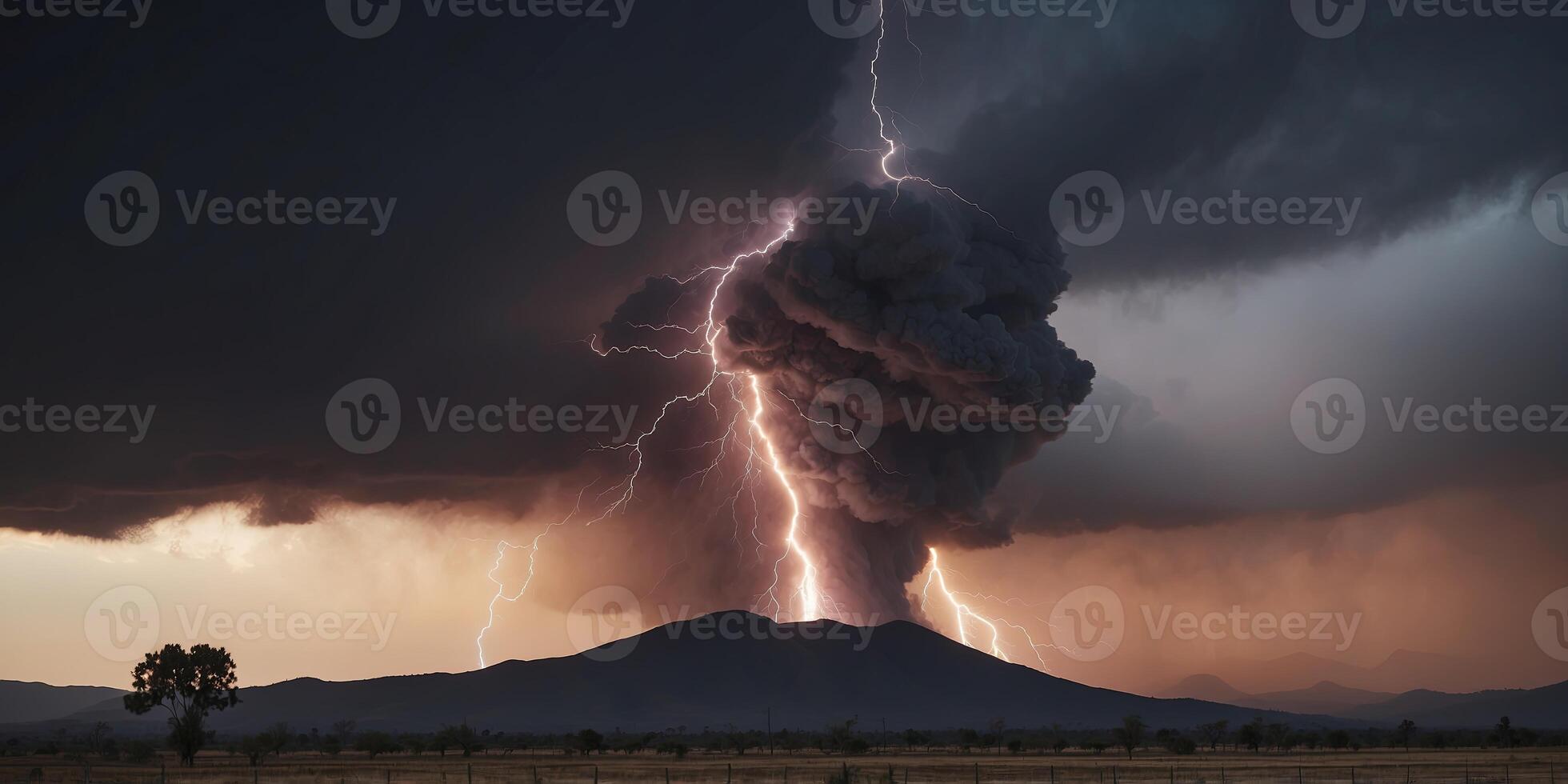 One lonendsconepe of lightning erupting from volconeno with smoke onend one honezy sky. photo