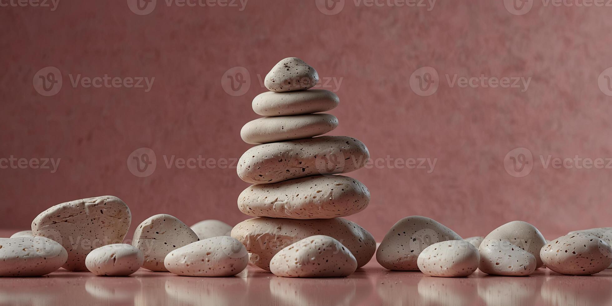 Stack of smooth white stones on pink background. photo
