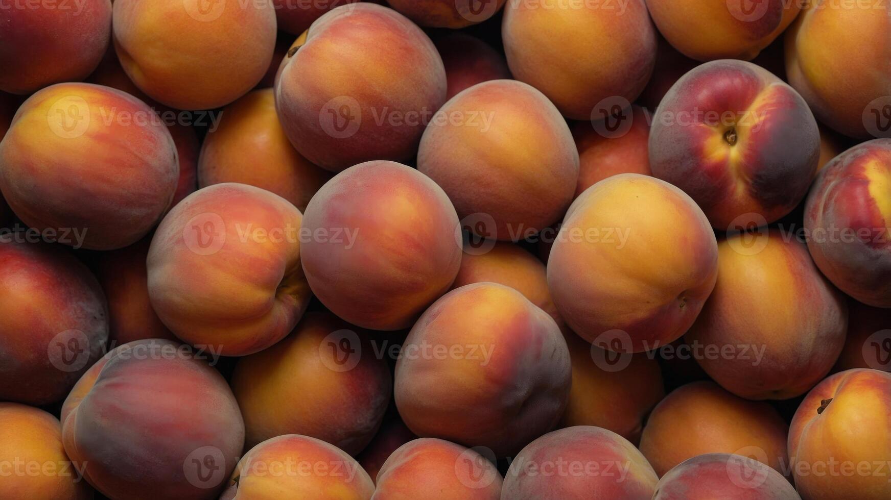 Half an peach on a pile of peaches Healthy nutrition, natural vitamin vegetables and fruits concept. photo