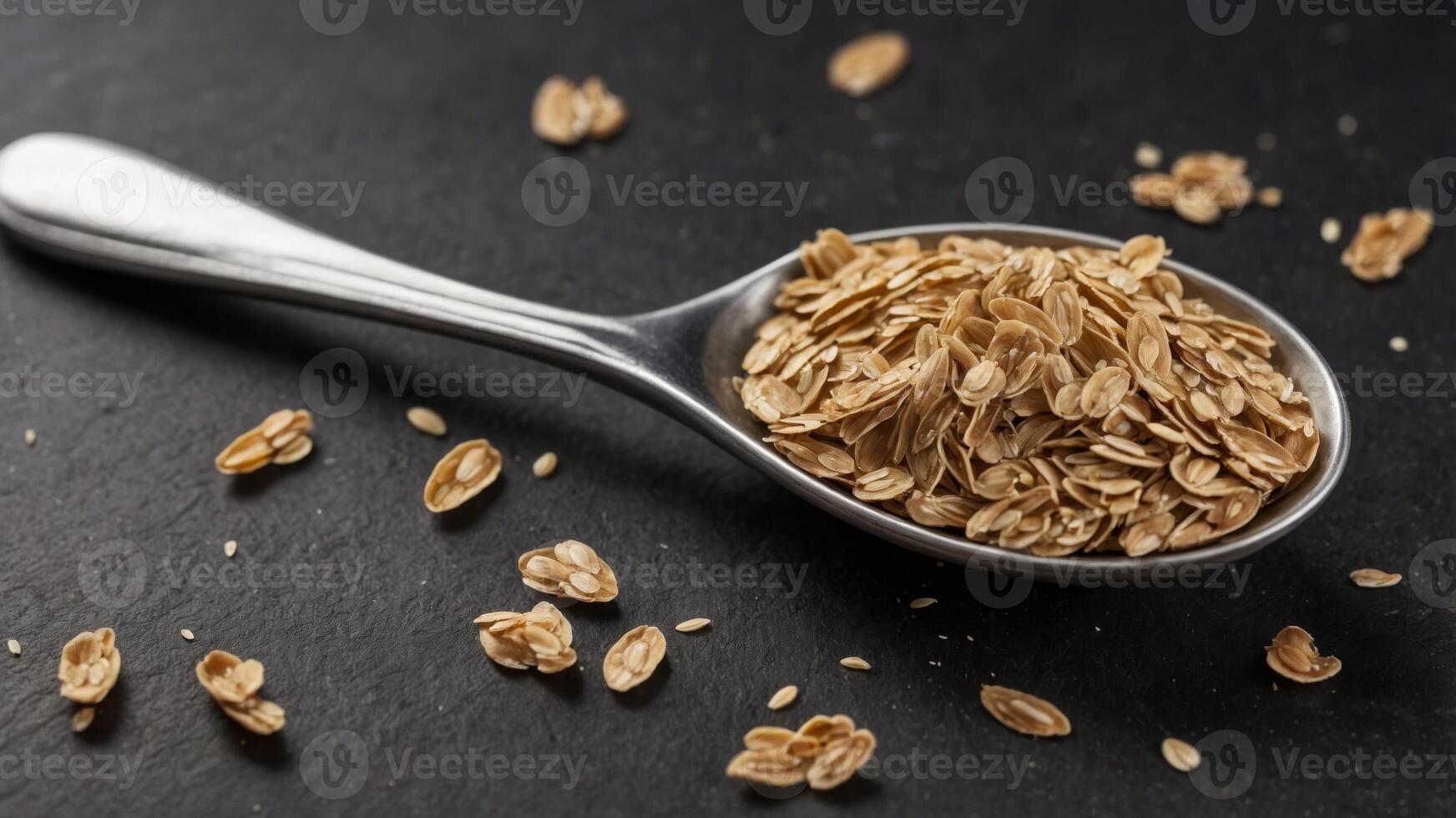 Top down view of oats flakes on a spoon on a table with copy space image. photo
