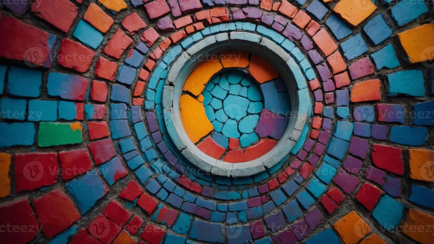 A vibrant colorful wall featuring a light circular hole in the center. photo