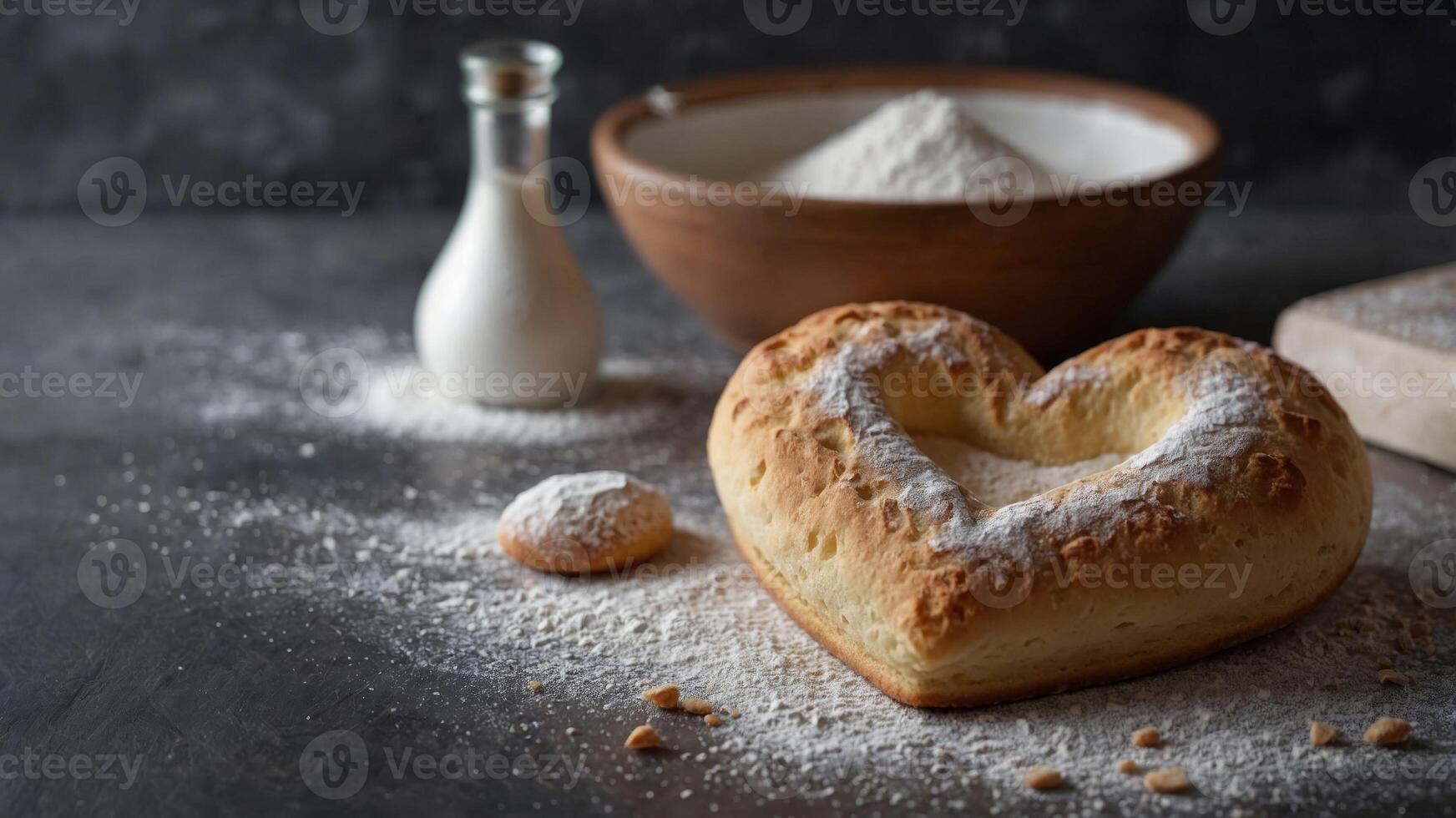 concept preparation baking surface, floured a on dough Heart-shaped. photo