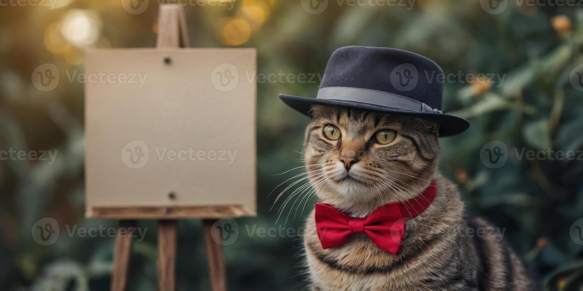 A cat dressed in a hat and bow tie holds a blank banner. photo