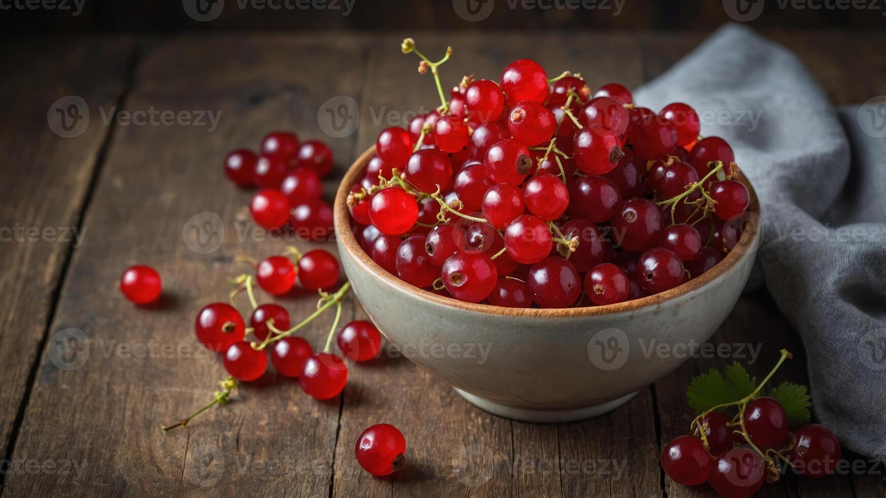 A bowl filled with ripe red currants on a rustic wooden surface with ample copy space for an image. photo