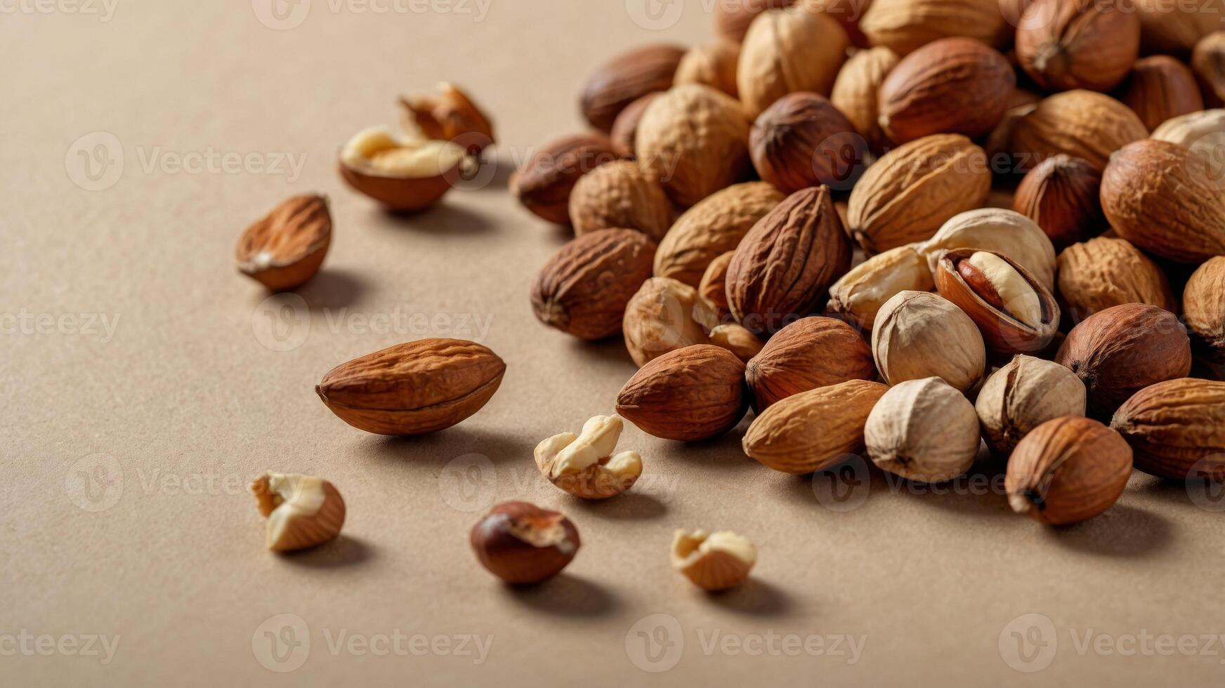 Various nuts scattered on a beige background, healthy eating and snack concept. photo