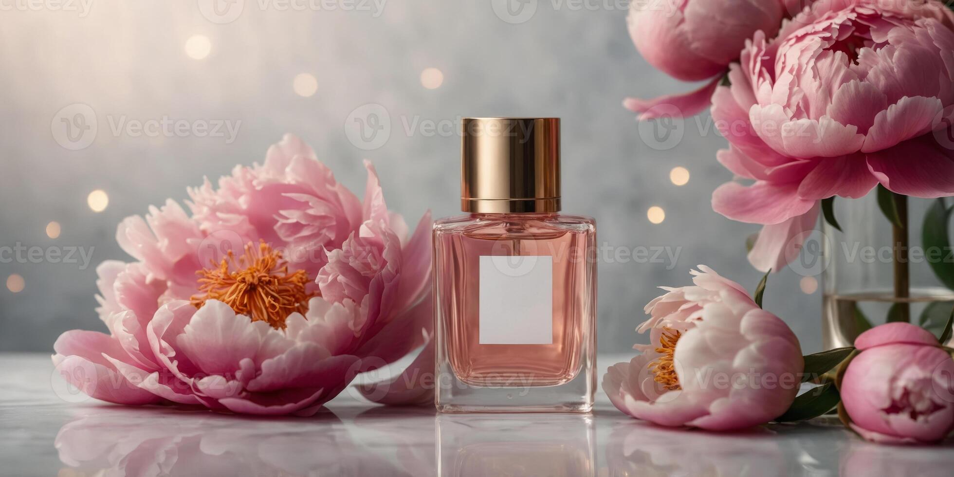 Cosmetic, serum, perfume bottle mockup surrounded by peonies. photo