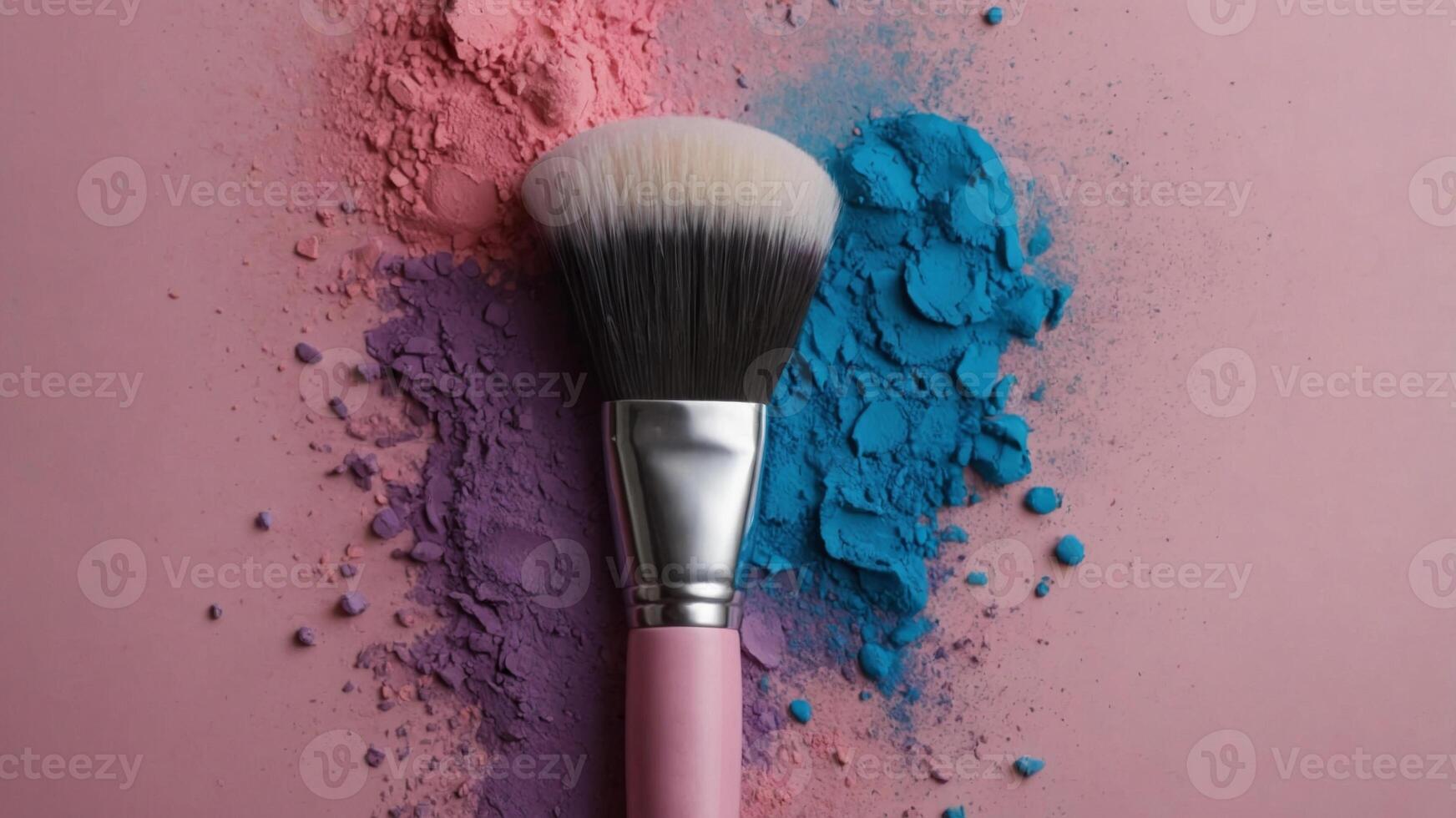 Colorful powdered makeup brush on blue and pink background. photo