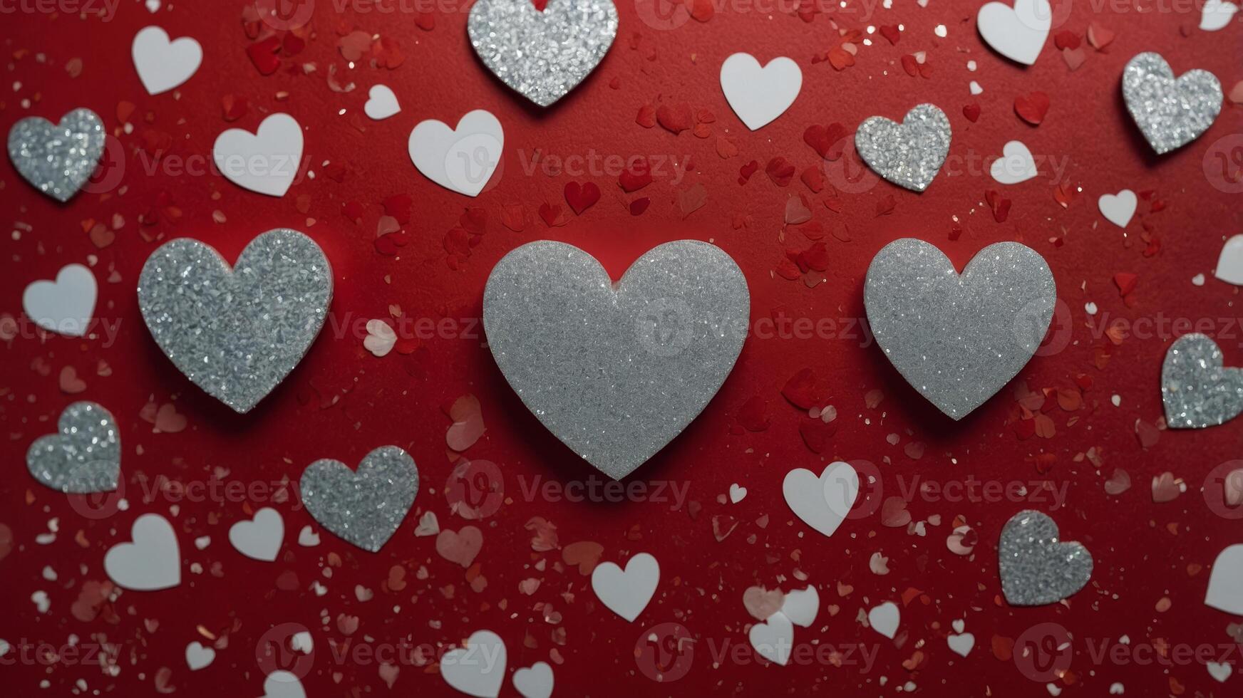 Creative layout with white hearts and silver glitter on red background Nature flat lay Minimal love concept. photo