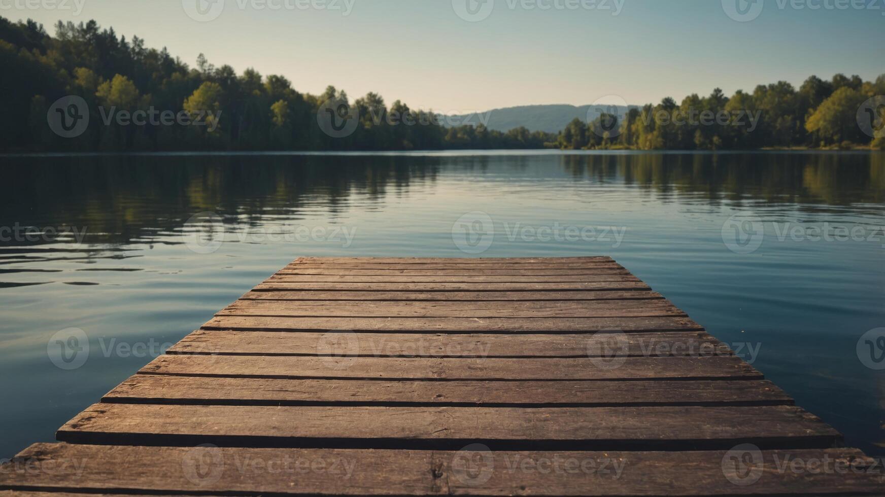 An aged wooden dock extending into a serene lake providing a picturesque copy space image. photo