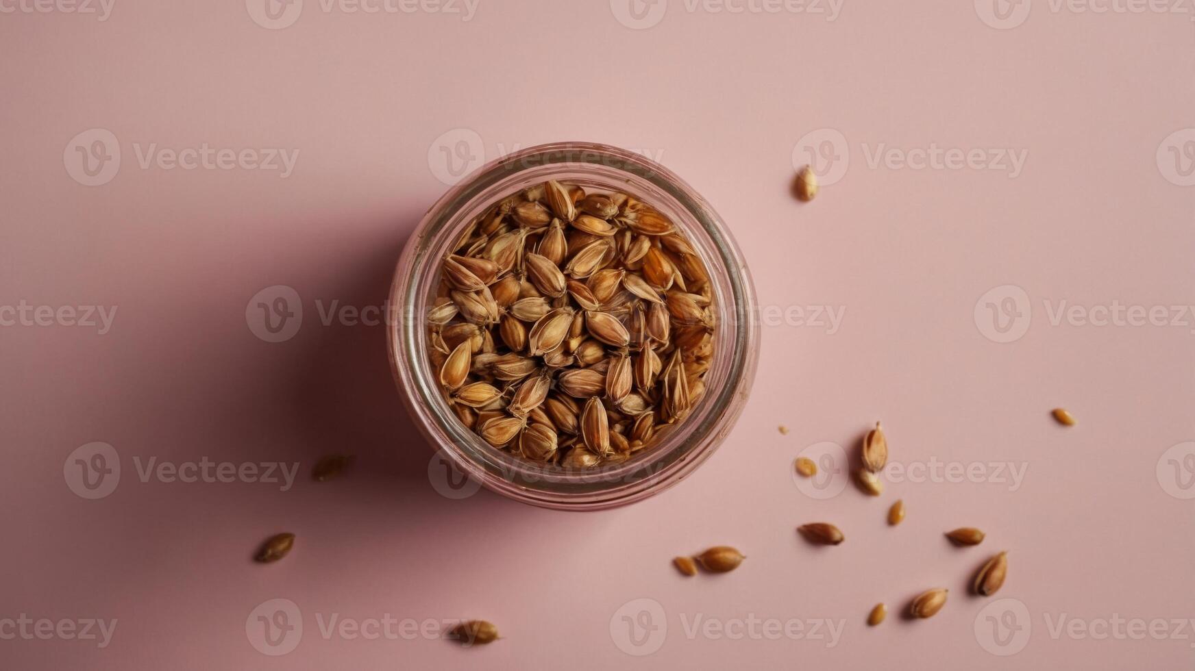 Top down view of a jar filled with seeds and honey on a pink background suitable for web banners with ample copy space image. photo