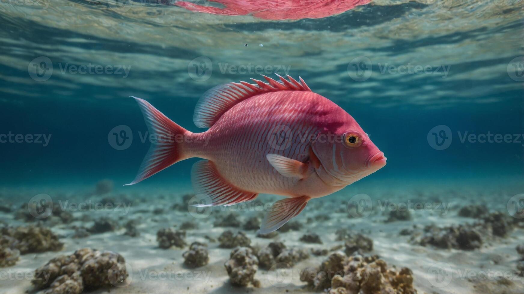 Pink fish swimming above sandy seabed under clear water. photo