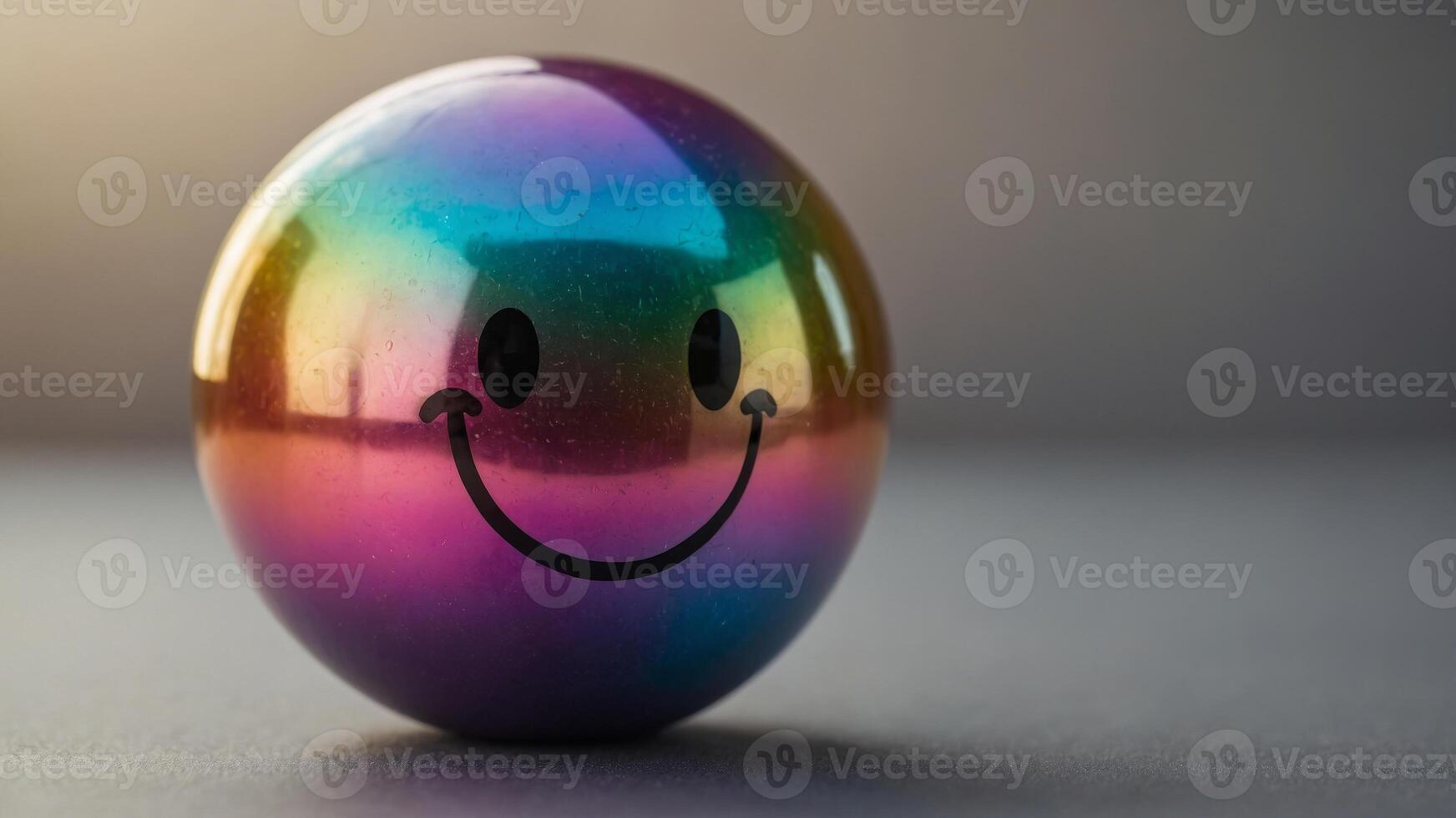 Colorful iridescent smiley face sphere on a soft gradient background. photo