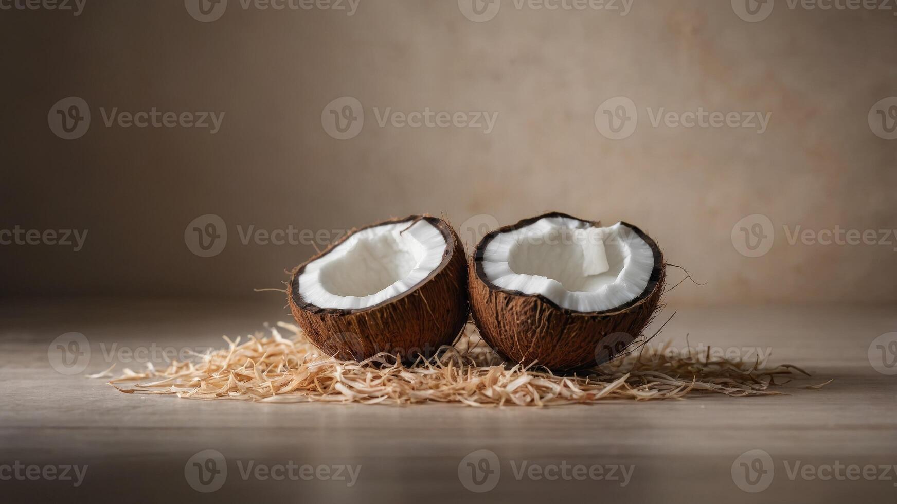concept natural minimalistic background, beige on coconut whole and Half. photo