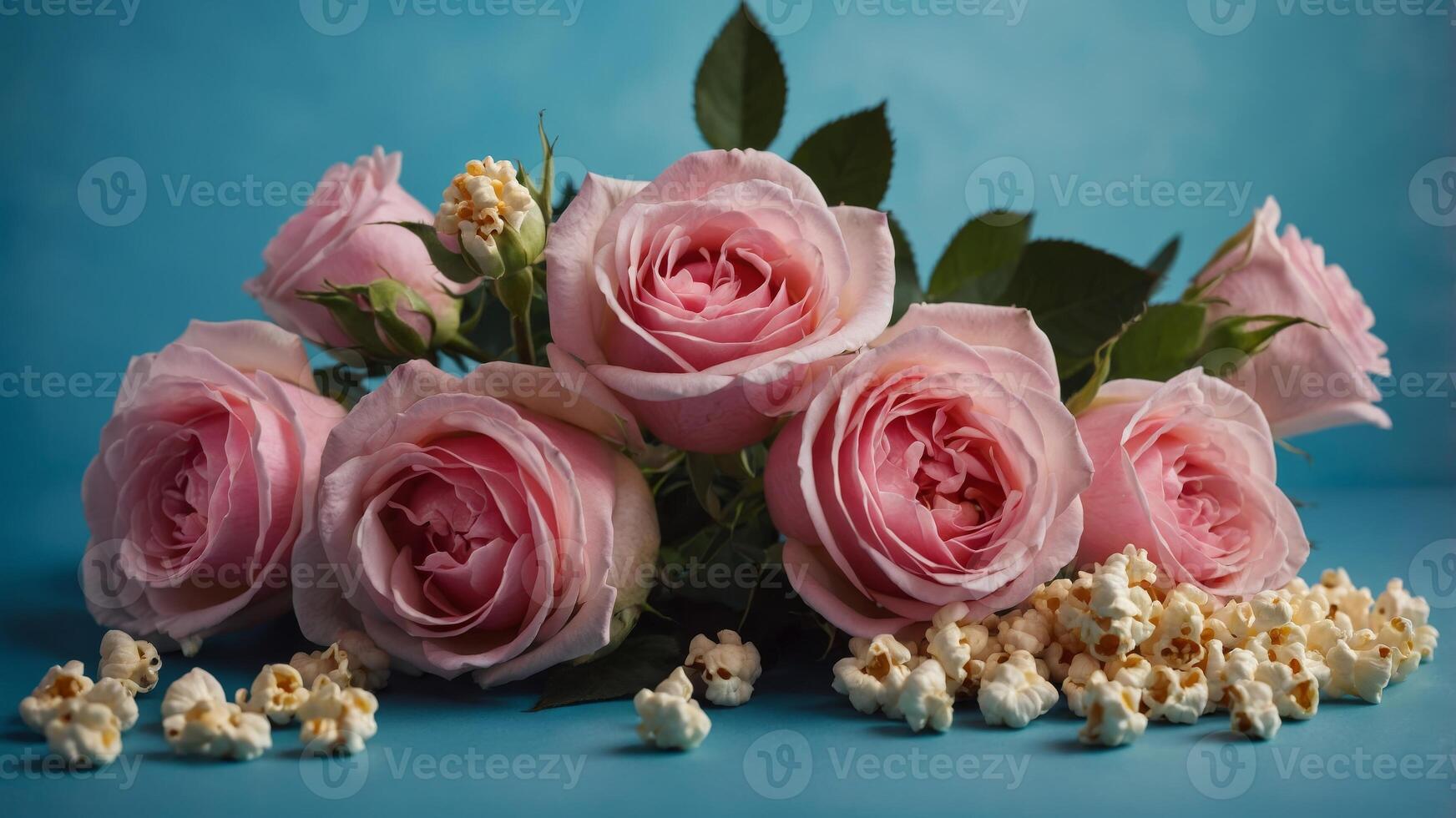 Pink roses bouquet with popcorn and leaves on a blue background Creativity and contrast concept. photo