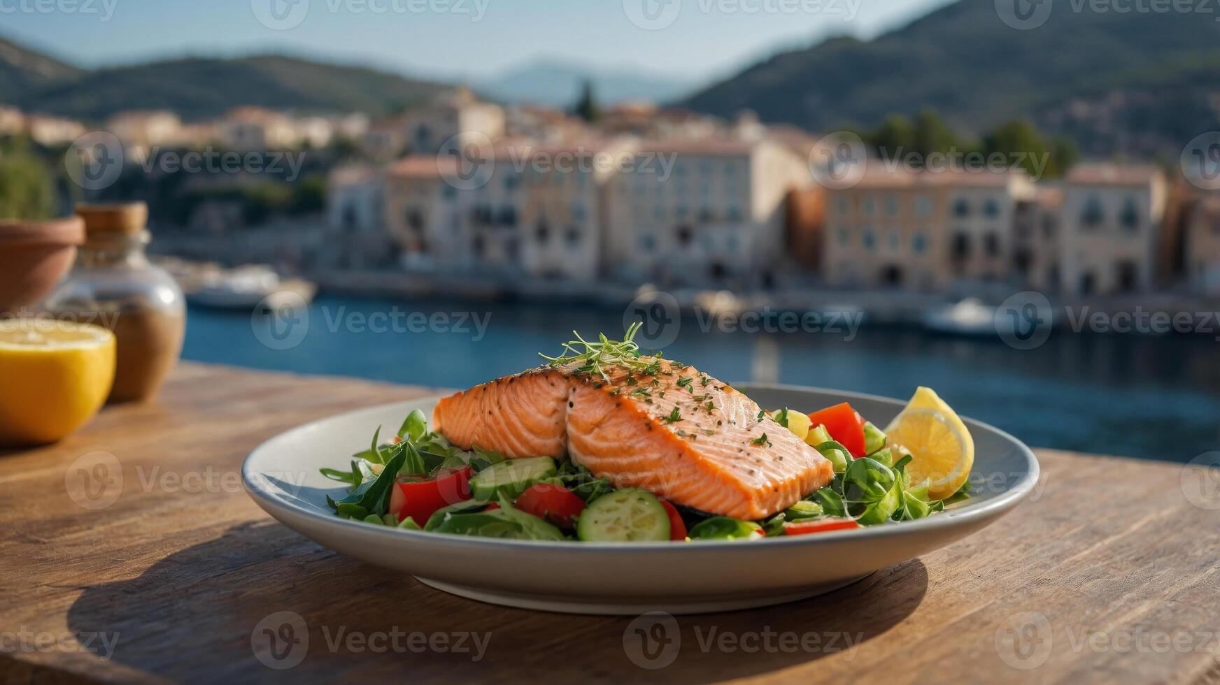Plate with fresh vegetable salad and baked salmon a Mediterranean diet concept with a scenic copy space image. photo