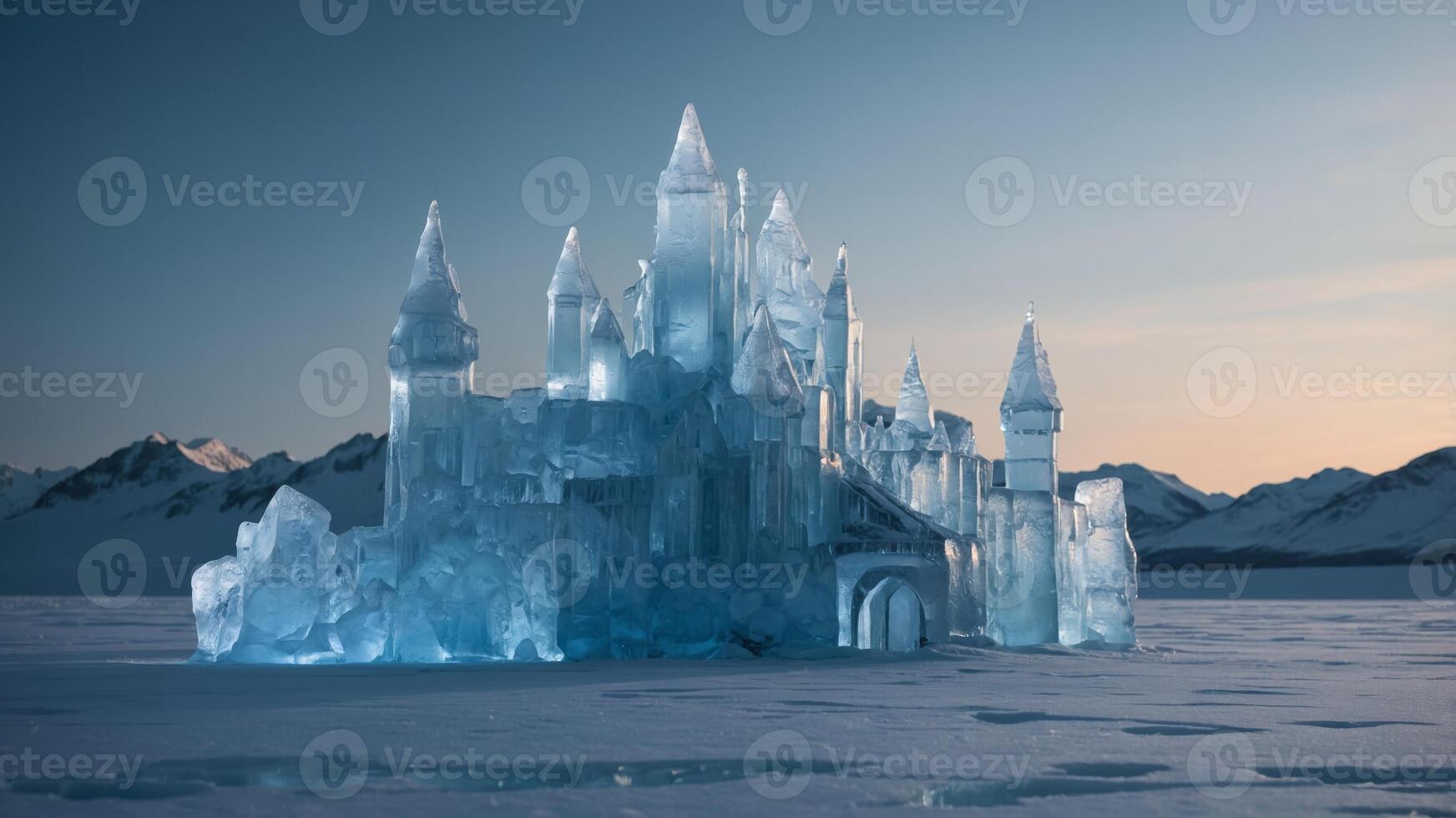 A frozen castle made of ice and light standing on a glacier. photo