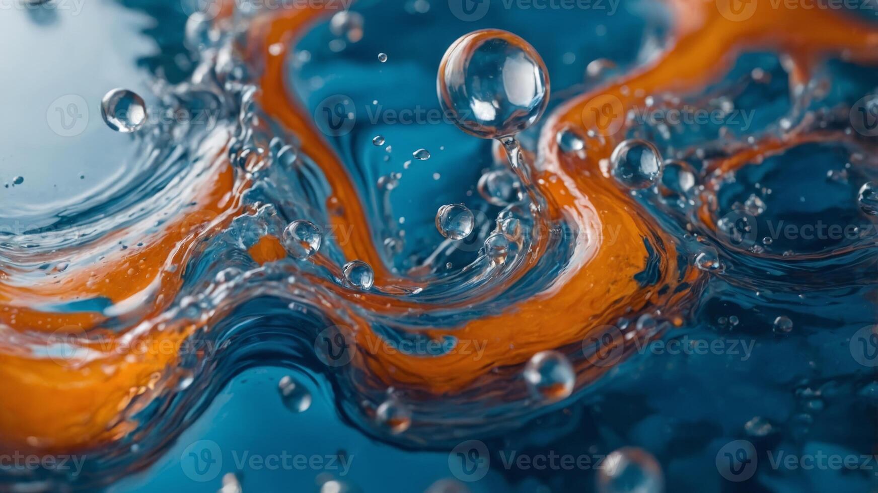 Abstract fluid art of blue and orange colors merging with bubbles in water. photo