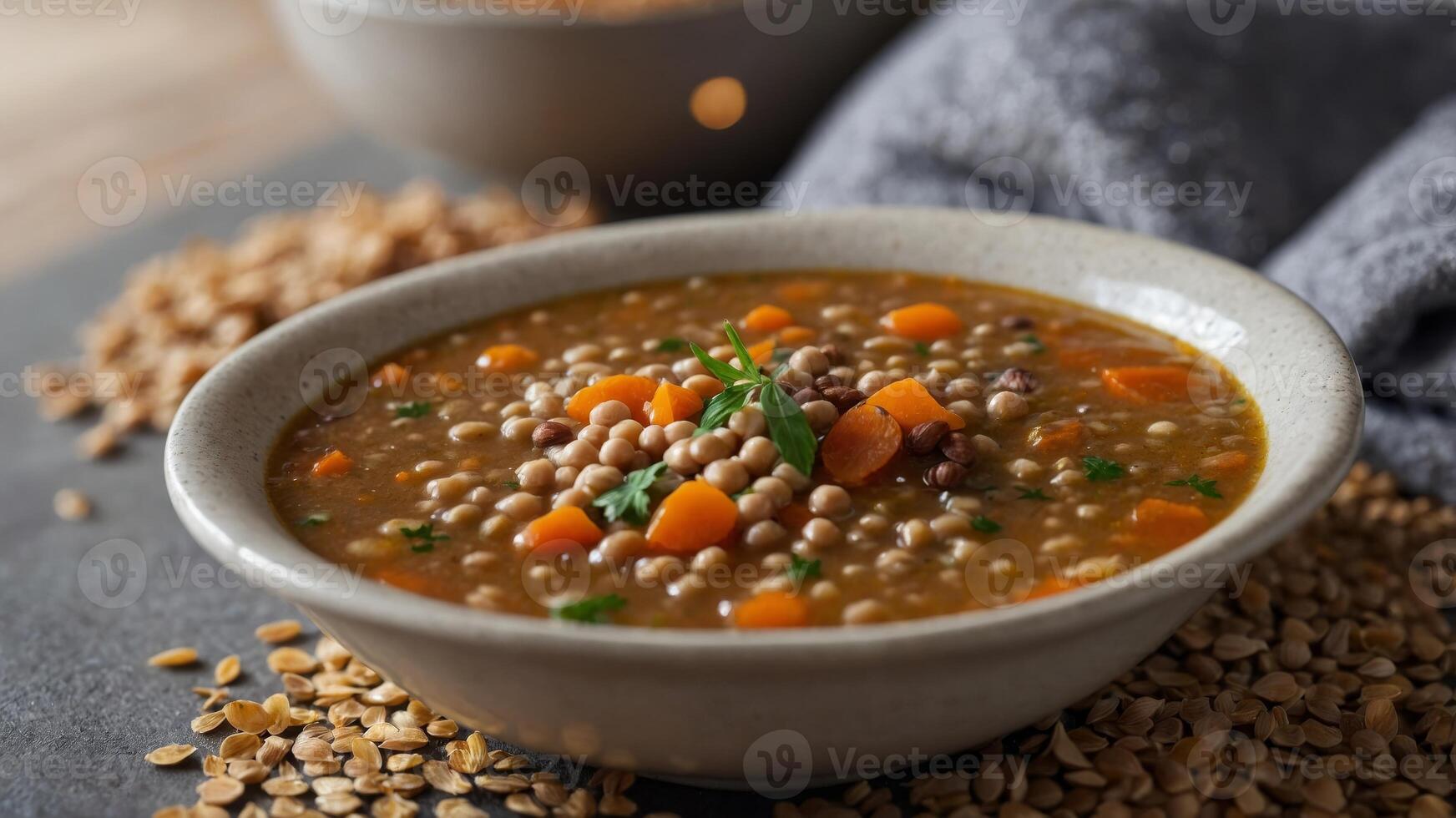 A hearty buckwheat and lentil soup perfect for a filling and nutritious snack. photo