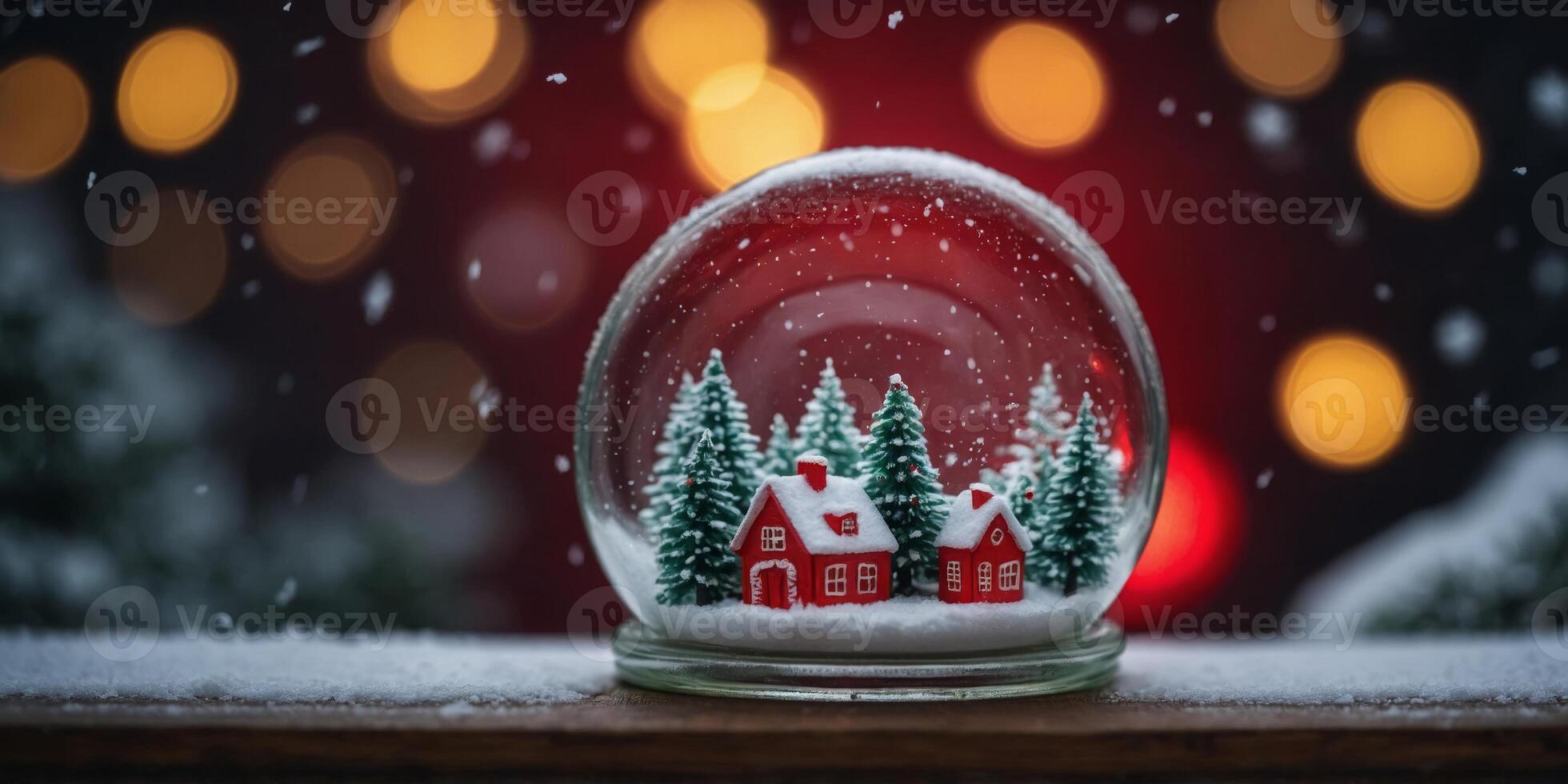 Red Christmas bauble with snow in a glass jar Creative winter background Flat lay, top view. photo