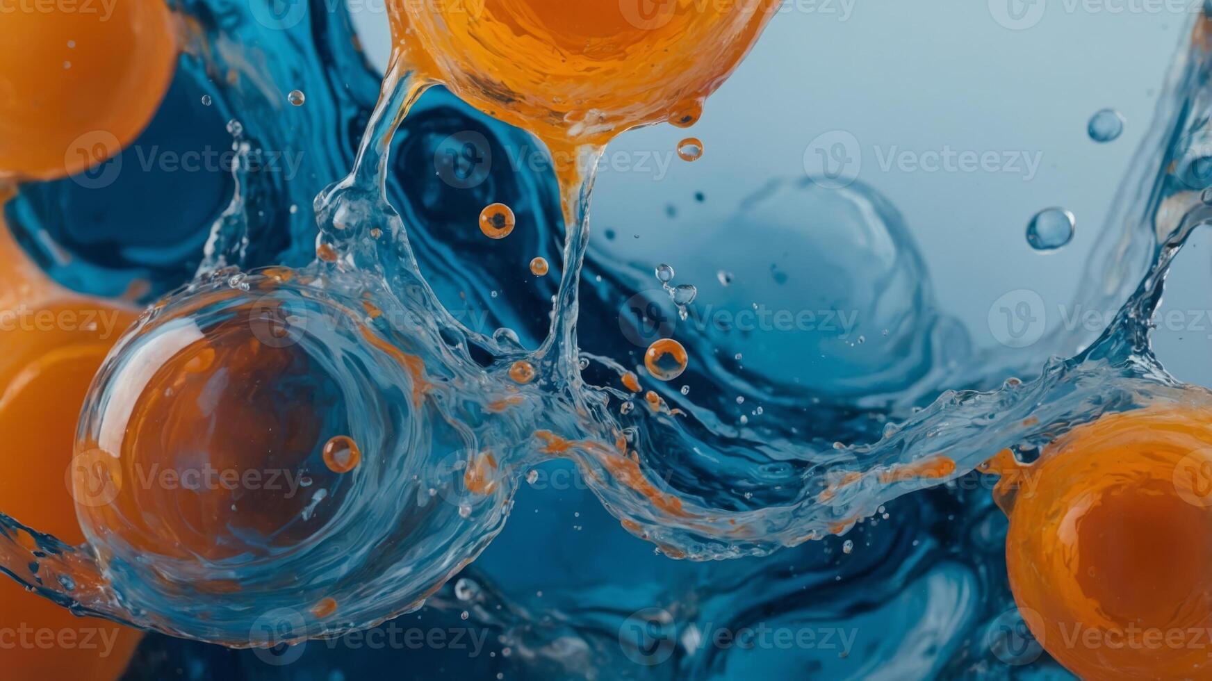 Abstract fluid art of blue and orange colors merging with bubbles in water. photo