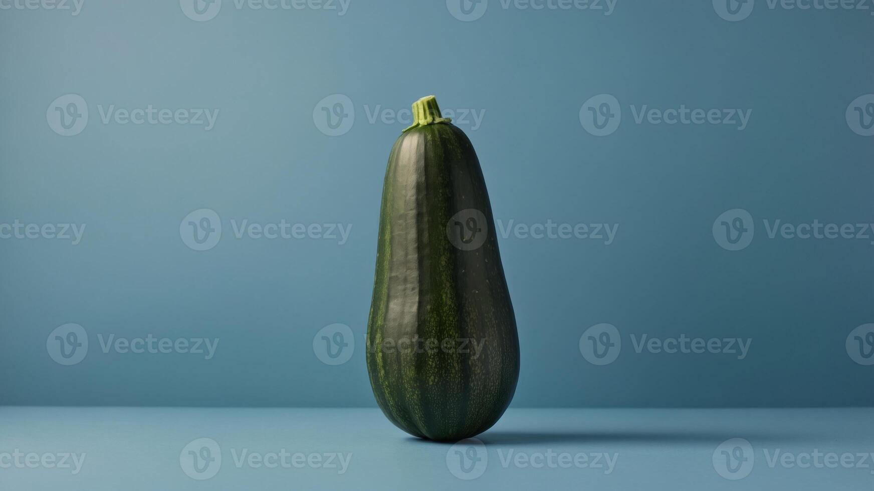 Single zucchini on blue background, minimal concept. photo