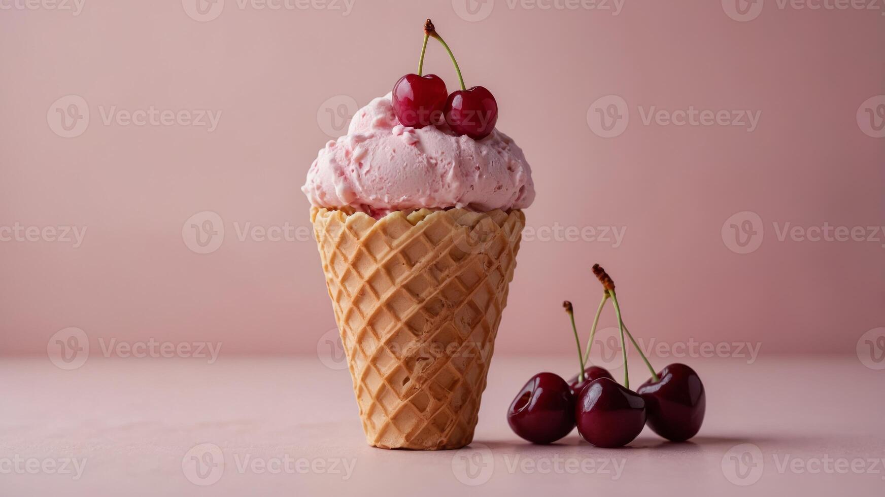Ice cream cone filled with cherries on a pastel pink background Fresh cherry in a waffle cone Summer concept. photo