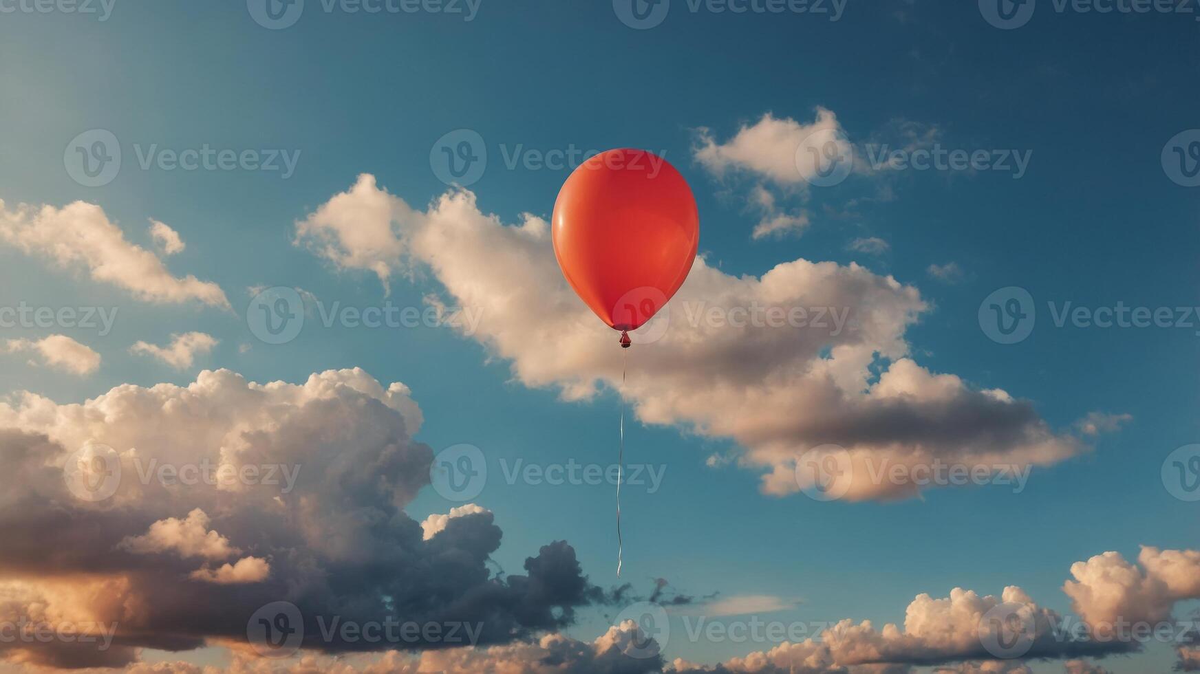 Red balloon floating in a blue sky with orange clouds, dreamy and whimsical concept. photo